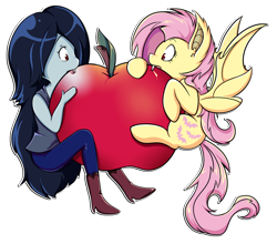 Size: 800x704 | Tagged: safe, artist:raininess, fluttershy, bat pony, pony, adventure time, apple, biting, crossover, flutterbat, marceline, simple background, transparent background