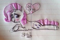 Size: 2411x1590 | Tagged: safe, artist:binkyt11, derpibooru exclusive, rarity, pony, unicorn, blushing, female, heart, lined paper, mare, prone, solo, speech bubble, traditional art