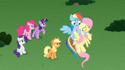 Size: 1366x768 | Tagged: safe, derpibooru import, screencap, applejack, fluttershy, pinkie pie, rainbow dash, rarity, twilight sparkle, twilight sparkle (alicorn), alicorn, earth pony, pegasus, pony, unicorn, the ending of the end, faint, flying, mane six, sad