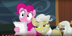 Size: 1360x692 | Tagged: safe, screencap, mayor mare, pinkie pie, earth pony, pony, the one where pinkie pie knows, faic, out of context, paper, smirk, wavy mouth