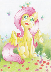 Size: 2448x3480 | Tagged: safe, artist:tiitcha, fluttershy, parasprite, pegasus, pony, cute, shyabetes, traditional art