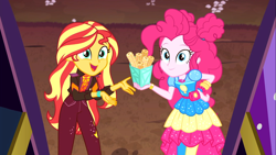 Size: 1920x1080 | Tagged: safe, screencap, pinkie pie, sunset shimmer, better together, equestria girls, sunset's backstage pass!, churros, duo, duo female, female, food, geode of sugar bombs, magical geodes, smiling