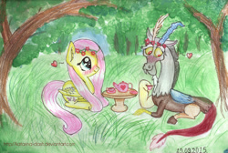 Size: 1024x688 | Tagged: safe, artist:katarina-dash, discord, fluttershy, pegasus, pony, discoshy, female, male, outdoors, shipping, straight, tea party, traditional art