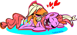 Size: 1927x887 | Tagged: safe, artist:mushroomcookiebear, applejack, pinkie pie, earth pony, pony, applepie, female, lesbian, shipping, sleeping