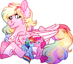 Size: 1024x895 | Tagged: safe, artist:artistcoolpony, derpibooru import, pinkie pie, rainbow dash, earth pony, pegasus, pony, chest fluff, doll, ear fluff, ethereal mane, female, lesbian, pegasus oc, pinkiedash, shipping, simple background, starry mane, toy, transparent background