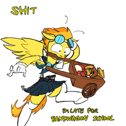 Size: 800x800 | Tagged: safe, artist:captainhoers, derpibooru import, spitfire, pegasus, pony, anime, bandwagon, bipedal, clothes, firestarter spitfire, goggles, mouth hold, panties, parody, pun, school uniform, schoolgirl toast, skirt, socks, solo, tumblr, tumblrpon high, underwear, upskirt, vulgar, white underwear, wings