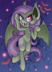 Size: 886x1232 | Tagged: safe, artist:matteglaze, fluttershy, bat, bat pony, pony, semi-anthro, belly button, fangs, flutterbat, growling, solo, wingding eyes