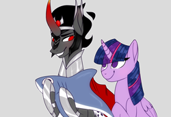 Size: 3840x2620 | Tagged: safe, artist:overthemaginot, derpibooru import, king sombra, twilight sparkle, twilight sparkle (alicorn), alicorn, pony, shark, unicorn, female, implied ship, male, shipping, simple background, straight, twibra