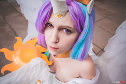 Size: 1280x853 | Tagged: safe, artist:fox-tsai-sheng, princess celestia, human, clothes, contact lens, cosplay, costume, irl, irl human, looking at you, photo, smiling, solo, spread wings, staff