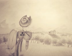 Size: 2257x1754 | Tagged: safe, artist:yo-yall, applejack, earth pony, pony, grayscale, monochrome, rear view, sweet apple acres, traditional art