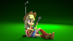 Size: 2560x1440 | Tagged: safe, artist:creatorofpony, artist:theponyguy1998, applejack, equestria girls, 3d, 3d model, bass guitar, blender, boots, clothes, cowboy hat, denim, denim skirt, hat, microphone, microphone stand, musical instrument, shirt, simple background, sitting, skirt, solo, stetson