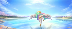 Size: 2133x872 | Tagged: safe, artist:balade, princess celestia, alicorn, pony, cliff, flying, lake, patreon, patreon logo, ripple, scenery, signature, solo, walking on water, water