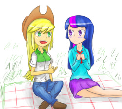 Size: 1126x1000 | Tagged: safe, artist:jumboz95, applejack, twilight sparkle, equestria girls, female, humanized, lesbian, picnic, shipping, twijack