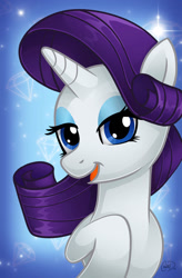 Size: 750x1141 | Tagged: safe, artist:christadoodles, rarity, pony, unicorn, abstract background, looking at you, smiling, solo