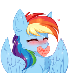 Size: 2836x3000 | Tagged: safe, artist:pesty_skillengton, derpibooru import, rainbow dash, pegasus, pony, blushing, bust, chest fluff, cute, dashabetes, eyes closed, female, heart, implied oc:skittle, love, mare, mouth hold, simple background, solo, spread wings, white background, wing fluff, wings