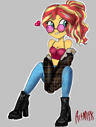 Size: 768x1024 | Tagged: safe, artist:artmlpk, sunset shimmer, equestria girls, alternate hairstyle, bare shoulders, boots, bra, clothes, crop top bra, cute, design, fashion, hoodie, jacket, jeans, midriff, pants, ponytail, shimmerbetes, shoes, sitting, sleeveless, solo, sunglasses, trendy style, underwear