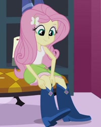 Size: 382x480 | Tagged: safe, screencap, fluttershy, equestria girls, boots, clothes, high heel boots, skirt