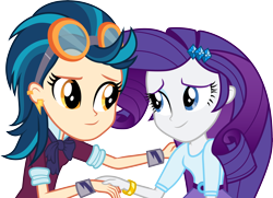 Size: 4148x3001 | Tagged: safe, artist:cloudyglow, indigo zap, rarity, equestria girls, friendship games, absurd resolution, bracelet, clothes, crystal prep academy uniform, duo, ear piercing, female, goggles, jewelry, looking at each other, piercing, school uniform, simple background, smiling, transparent background, vector, wristband