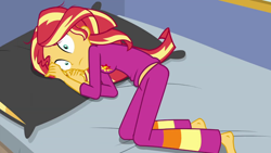 Size: 1280x720 | Tagged: safe, screencap, sunset shimmer, better together, equestria girls, wake up!, barefoot, clothes, feet, pajamas, solo