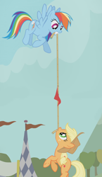 Size: 1560x2683 | Tagged: safe, derpibooru import, edit, edited screencap, screencap, applejack, rainbow dash, earth pony, pegasus, pony, fall weather friends, cheating, competition, composite screencap, flag, flying, hanging, mouth hold, panorama, rope, tug of war