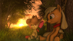 Size: 3840x2160 | Tagged: safe, artist:goldenlogik, apple bloom, applejack, earth pony, pony, 3d, grass, hat, remake, sisters, source filmmaker, sun, tree