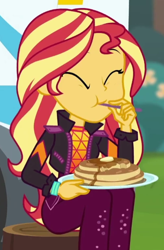 Size: 406x620 | Tagged: safe, screencap, sunset shimmer, equestria girls, equestria girls series, wake up!, wake up!: applejack, spoiler:choose your own ending (season 2), spoiler:eqg series (season 2), cropped, cute, eating, food, pancakes, shimmerbetes, solo