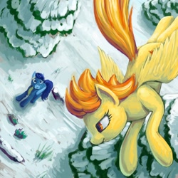 Size: 1600x1600 | Tagged: safe, artist:dahtamnay, derpibooru import, soarin', spitfire, pegasus, pony, flying, snow, vertigo, wings, winter, wonderbolts, wonderbolts uniform