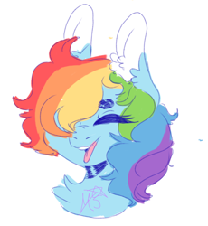 Size: 948x1031 | Tagged: safe, artist:sleepymangos, derpibooru import, rainbow dash, pegasus, pony, alternate hairstyle, beanbrows, bust, chest fluff, colored ears, ear fluff, eyebrows, eyes closed, female, hair over one eye, happy, mare, open mouth, simple background, solo, white background