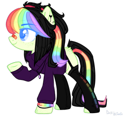 Size: 2374x2229 | Tagged: safe, artist:morning13star, oc, oc:rainbow rave, earth pony, pony, bandaid, bracelet, clothes, ear piercing, earring, female, freckles, heart, jewelry, mare, multicolored hair, necklace, piercing, pigtails, rainbow hair, raised hoof, simple background, socks, solo, stockings, sweater, thigh highs, transparent background