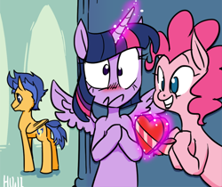 Size: 600x504 | Tagged: artist needed, safe, derpibooru import, flash sentry, pinkie pie, twilight sparkle, twilight sparkle (alicorn), alicorn, earth pony, pony, advice, asktandp, blushing, box of chocolates, chocolate, cute, encouragement, female, flashlight, food, heart, heart shaped box, male, mare, nervous, pinkie ships it, shipper on deck, shipping, straight
