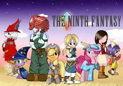 Size: 4500x3160 | Tagged: safe, artist:cloureed, applejack, pinkie pie, spike, dragon, earth pony, pony, absurd resolution, amarant coral, crossover, dagger (final fantasy ix), eiko carol, fanfic, fanfic art, fanfic cover, final fantasy ix, freya crescent, garnet til alexandros xvii, zidane tribal