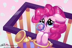 Size: 1669x1113 | Tagged: safe, artist:esuka, pinkie pie, earth pony, pony, the one where pinkie pie knows, crib, cute, diapinkes, floppy ears, pacifier, solo