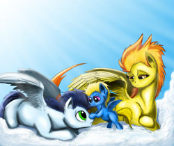 Size: 1024x859 | Tagged: safe, artist:exelzior, derpibooru import, soarin', spitfire, oc, pegasus, pony, blank flank, colt, male, mane bite, offspring, parent:soarin', parent:spitfire, parents:soarinfire, shipping, soarinfire, wings