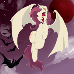 Size: 800x800 | Tagged: safe, artist:grimbloody, fluttershy, bat, bat pony, pony, blood moon, fangs, flutterbat, moon, pixiv, race swap, red sclera, solo