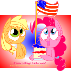 Size: 710x709 | Tagged: safe, artist:mushroomcookiebear, applejack, pinkie pie, earth pony, pony, amerijack, cake, flag, hatless, missing accessory, united states