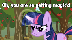 Size: 960x540 | Tagged: safe, derpibooru import, twilight sparkle, unicorn, apple, apple tree, caption, image macro, magic, meme, palindrome get, solo, tree