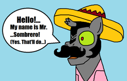 Size: 947x605 | Tagged: safe, artist:logan jones, derpibooru import, king sombra, pony, unicorn, broken horn, clothes, disguise, fake moustache, horn, king sombrero, light blue background, male, marge vs the monorail, paper-thin disguise, shirt, sombrero, the simpsons