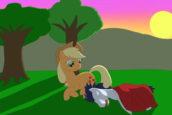 Size: 1024x683 | Tagged: safe, artist:allonsbro, applejack, soarin', earth pony, pony, cover art, female, male, shipping, sleeping, soarinjack, straight, sunrise