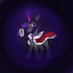 Size: 1080x1080 | Tagged: safe, artist:bbluna, derpibooru import, king sombra, unicorn, black background, chinese, cup, simple background