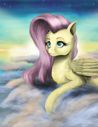 Size: 1660x2140 | Tagged: safe, artist:vinicius040598, fluttershy, pegasus, pony, cloud, cloudy, prone, sky, solo