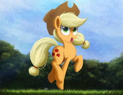 Size: 2500x1947 | Tagged: safe, artist:ncmares, applejack, earth pony, pony, forest, looking at you, open mouth, raised hoof, solo, trotting