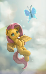 Size: 1848x2992 | Tagged: safe, artist:mrs1989, fluttershy, butterfly, pegasus, pony, flying, smiling, solo