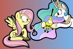 Size: 1359x919 | Tagged: safe, artist:kingtoby19, fluttershy, princess celestia, alicorn, pegasus, pony, bill cipher, crossover, female, gradient background, gravity falls, mare, xk-class end-of-the-world scenario