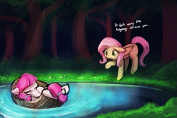 Size: 1125x750 | Tagged: safe, artist:lumineko, fluttershy, lily longsocks, earth pony, pegasus, pony, crusaders of the lost mark, basket, dialogue, eyes closed, female, filly, floppy ears, grass, mare, open mouth, parody, raised hoof, super strength, superman, tree, water