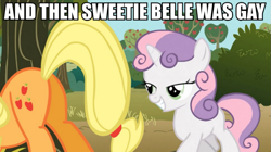 Size: 981x550 | Tagged: safe, edit, edited screencap, screencap, applejack, sweetie belle, earth pony, pony, unicorn, butt, caption, female, filly, image macro, lesbian, mare, meme, out of context, plot