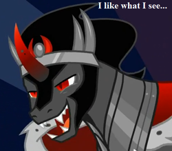 Size: 508x444 | Tagged: safe, derpibooru import, edit, edited screencap, screencap, king sombra, unicorn, the beginning of the end, caption, cropped, funny, funny face, image macro, solo, text