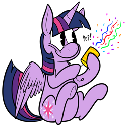 Size: 700x700 | Tagged: dead source, safe, artist:karpet-shark, derpibooru import, twilight sparkle, twilight sparkle (alicorn), alicorn, pony, chest fluff, confetti, cute, featured on derpibooru, female, hoof hold, mare, party popper, sitting, smiling, solo, the end, twily-daily, underhoof