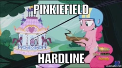 Size: 1000x564 | Tagged: safe, screencap, pinkie pie, earth pony, pony, the one where pinkie pie knows, battlefield hardline, crossbow, firearms debate in the comments, image macro, meme, text, video game