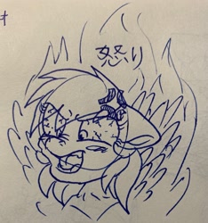 Size: 2781x2967 | Tagged: safe, artist:rainbow eevee, derpibooru import, rainbow dash, pegasus, pony, angry, bust, cross-popping veins, fire, ink, lineart, rage, solo, spread wings, traditional art, wingboner, wings