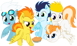 Size: 15026x9000 | Tagged: safe, artist:agamnentzar, artist:mactavish1996, derpibooru import, fire streak, fleetfoot, soarin', spitfire, surprise, pegasus, .svg available, absurd resolution, aviator glasses, chest fluff, colt, cute, filly, pie, simple background, sitting, smiling, transparent background, vector, wonderbolts